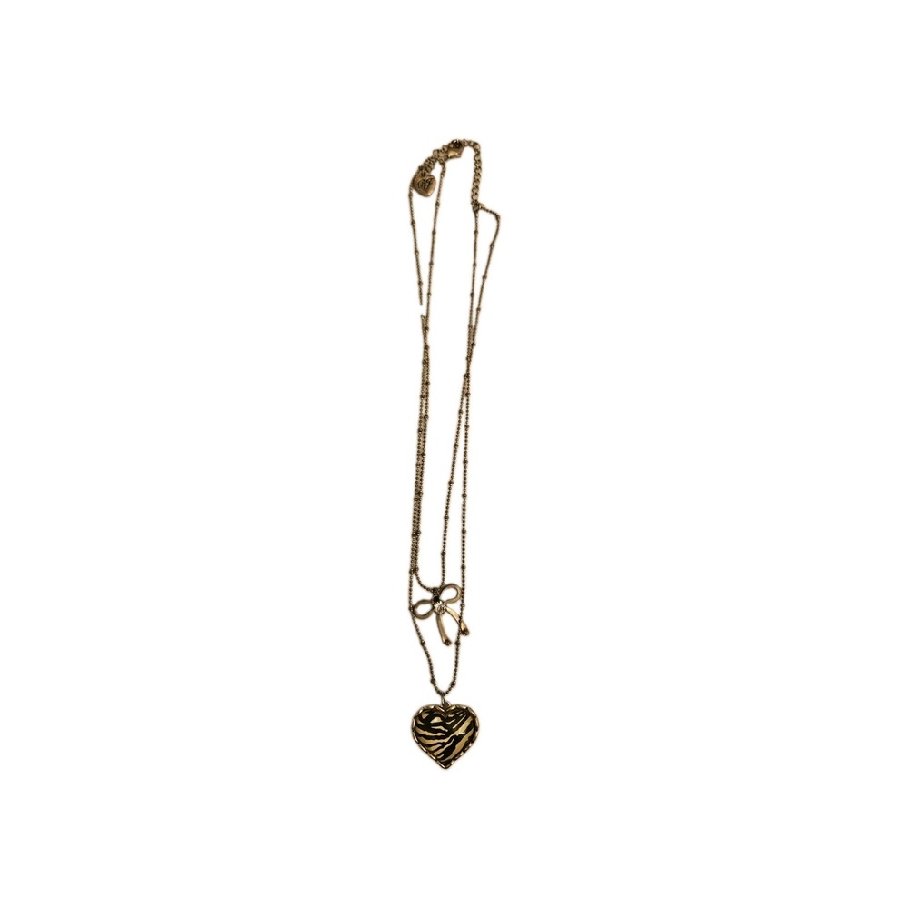 Vintage Betsey Johnson Layered Necklace - Zebra Heart & Rhinestone Bow Charm